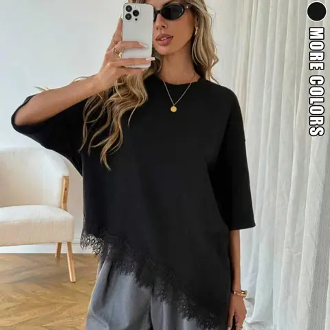 【Black Friday】Summer Knitted Round Neck Short Sleeve Top, Loose Fit Asymmetrical Hem Lace Trim Soft Breathable Women's Casual Shirt