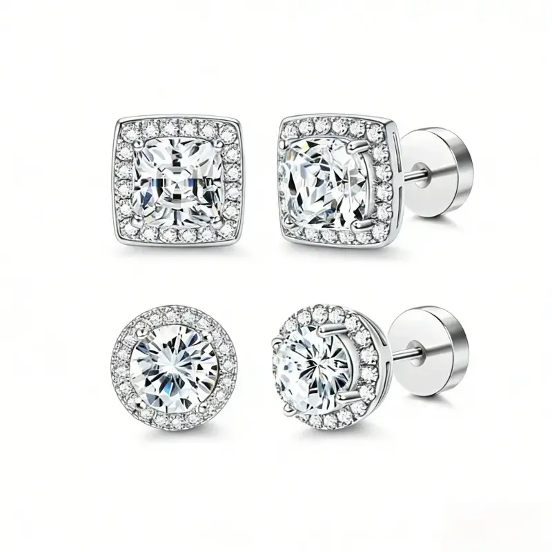Women's Luxury 4-Pack Zircon Stud Earring Stack - Gold/Silver, Round/Square, Hypoallergenic, Copper Base, Silicone Backs, Daily Wear Jewelry for Women, Complimentary Box, Premium Adult Gift