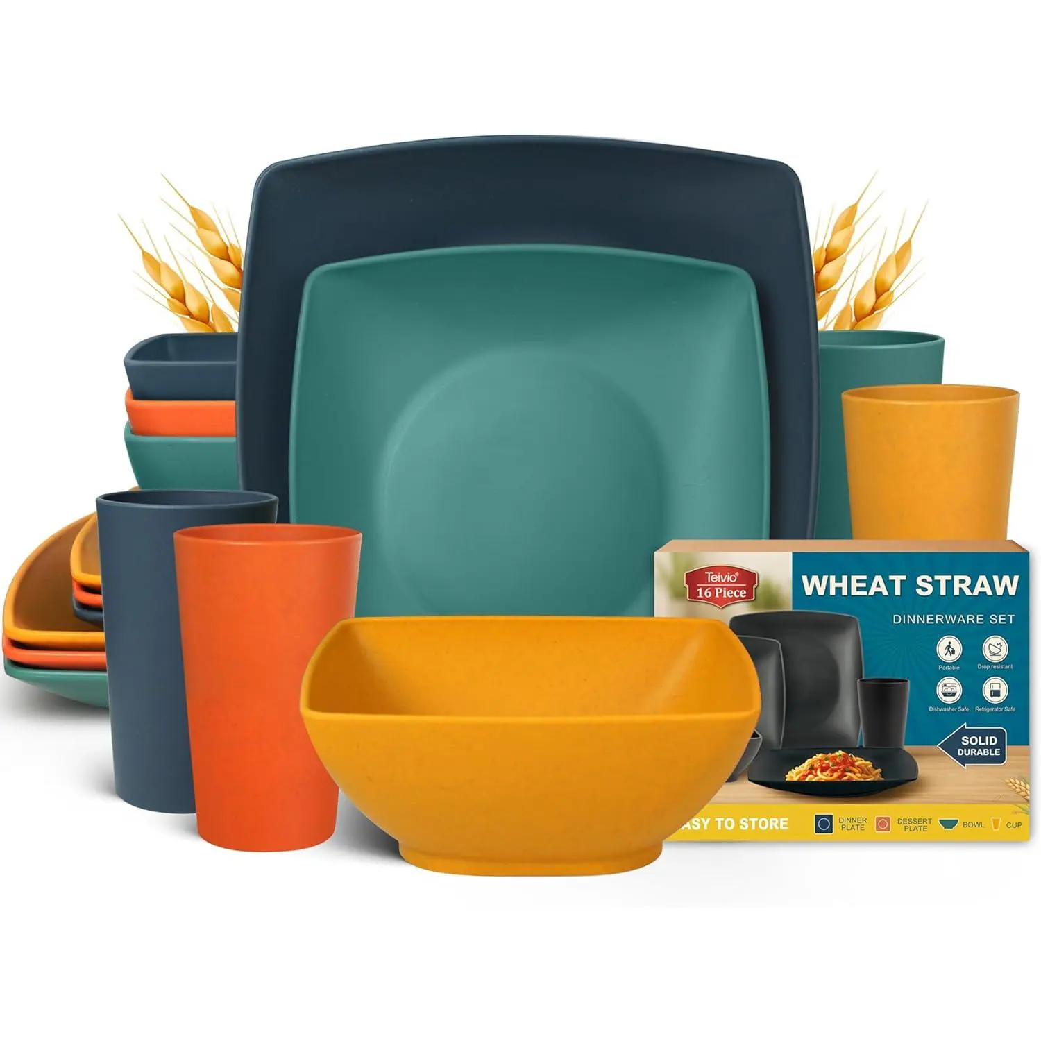16-Piece Plastic Wheat Straw Square Tableware Set for 4 - Unbreakable Dinner Plates, Salad Plates, Snack Bowls, 13.5 oz Tumblers - Dishwasher Safe Autumn Multicolor Camping Picnicware, Cutlery