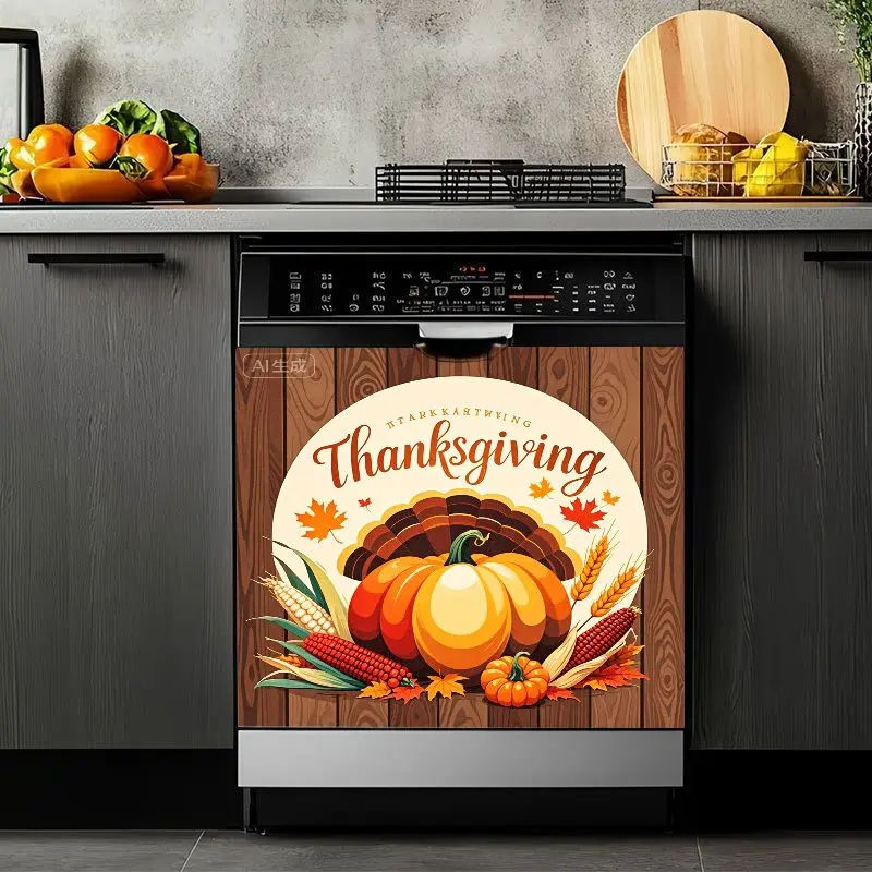 2D Flat 2Pcs Thanksgiving Turkey Pumpkin Dishwasher Cover Magnet Sheet Kitchen Decor Autumn Harvest Fall Leaves Decorative Sticker Rustic Wood Grain Design Home Appliance Wall Holiday Party Decoration Washable Removable for Magnetic Decals