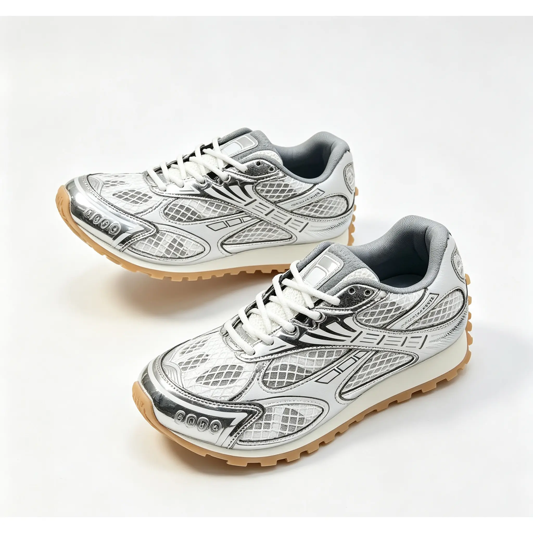 Trendy Unisex Dad Sneakers Metallic Silver & White Breathable Mesh Upper LaceUp Retro Futuristic Casual Outdoor Walking Trainer Shoes
