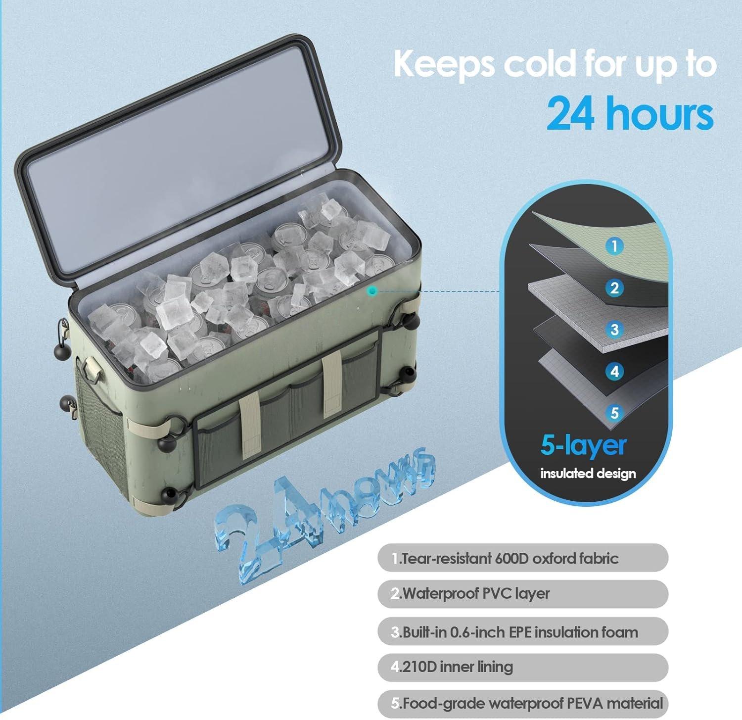 Deep Freeze Cooler Soft Sided Cooler Bag, 34 Can Collapsible Insulated Ice Chest, Large Leakproof Camping & Travel Cooler for Kayaking & Beach