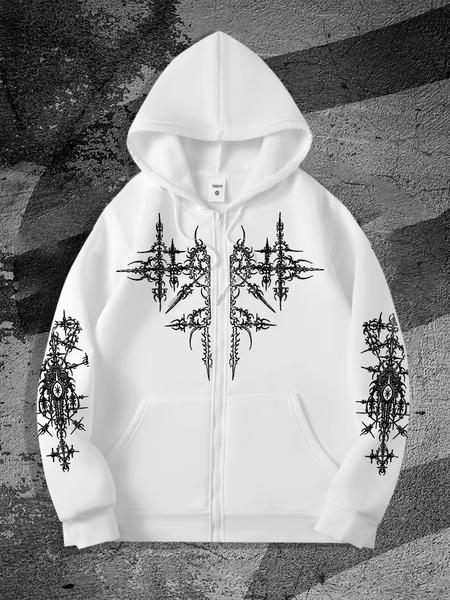 Men's Gothic Style Zip Up Hoodie, Regular Fit Casual Long Sleeve Graphic Hooded Sweatshirt for Fall & Winter, Men's Top for Daily Wear, Pullover