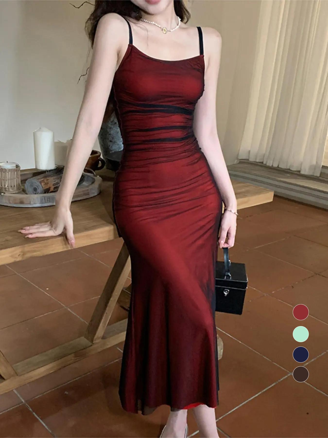 Women's Plain Ruched Cami Knit Dress, Elegant Sleeveless Spaghetti Strap Bodycon Long Dress for Party Club Dating Wear, Ladies Clothes for All Seasons