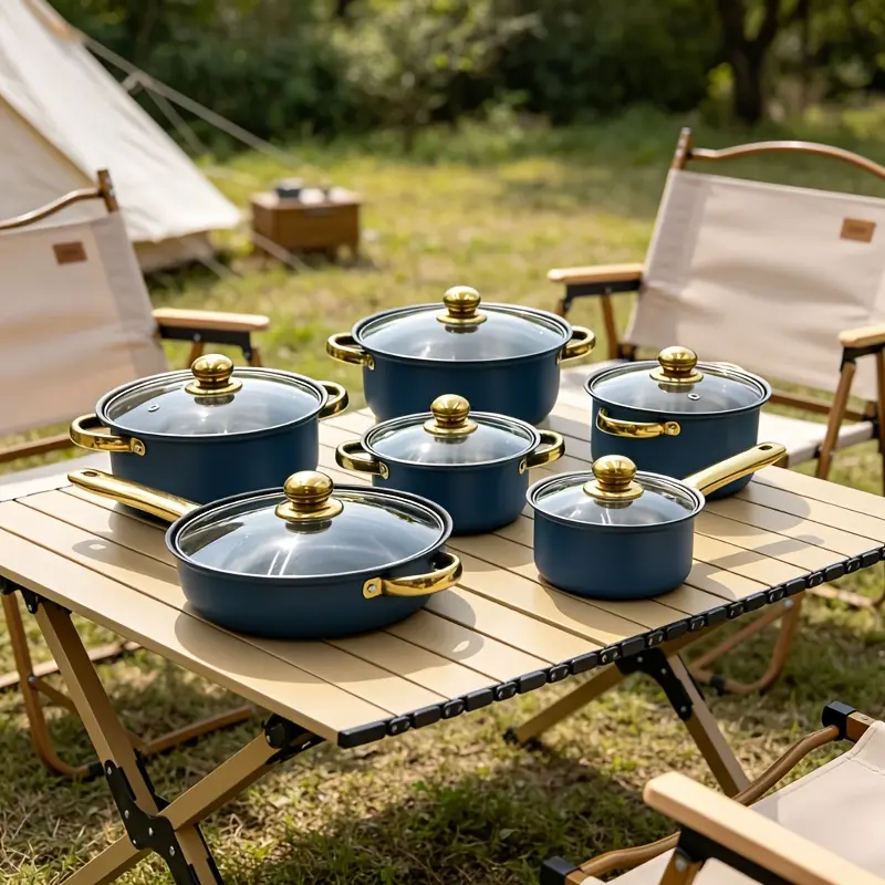 (6 pots + 6 lids) Blue stainless steel cookware set Pots Pans Set Cooking Pot Sets including non-stick frying pan, saucepan and milk pan. Suitable for induction cookers, durable and high quality, it is a great choice for holiday gifts