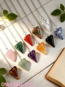 1pc Natural crystal hexagonal pointed crystal spirit pendulum pendant, polished cut gemstone rotor with silver chain. Healing crystal is used for balancing chakra energy, divination witchcraft, spiritual talent emotional therapy detection tool.