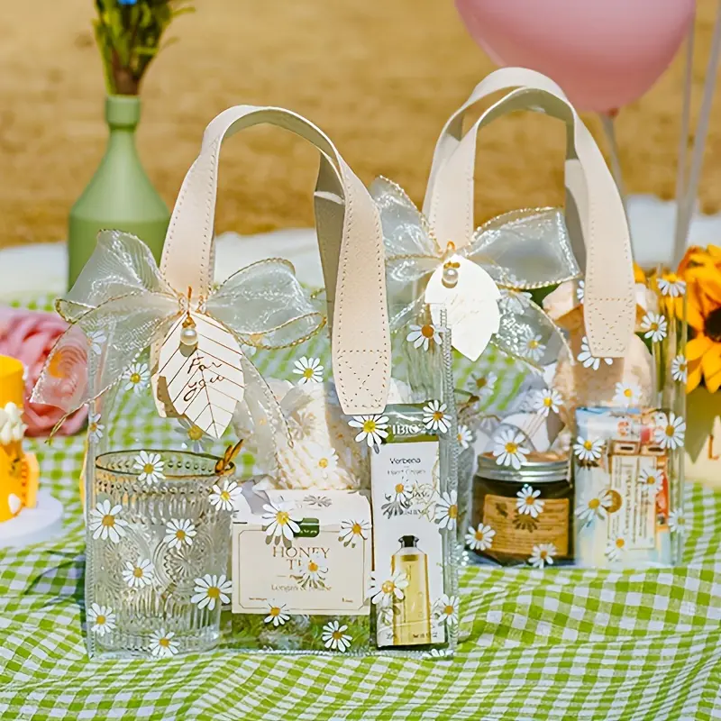 10/15/20pcs Fresh Daisy Gift Bags, Reusable PVC, Foldable, Transparent, Ideal for Christmas, Halloween, Mother's Day, Easter, Wedding, Birthday, Shopping