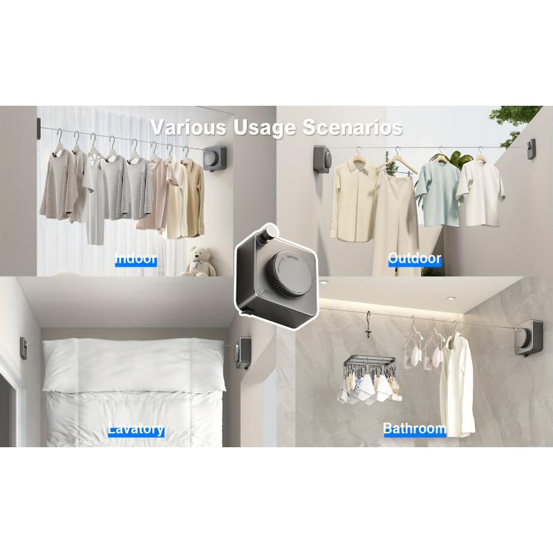 Retractable Heavy-Duty Clothes Drying Line - 15.1 Feet Long, Non-Sagging, Wall Mounted, Stainless Steel, Indoor and Outdoor Use, Gray Color Laundry Metal Laundry Metal