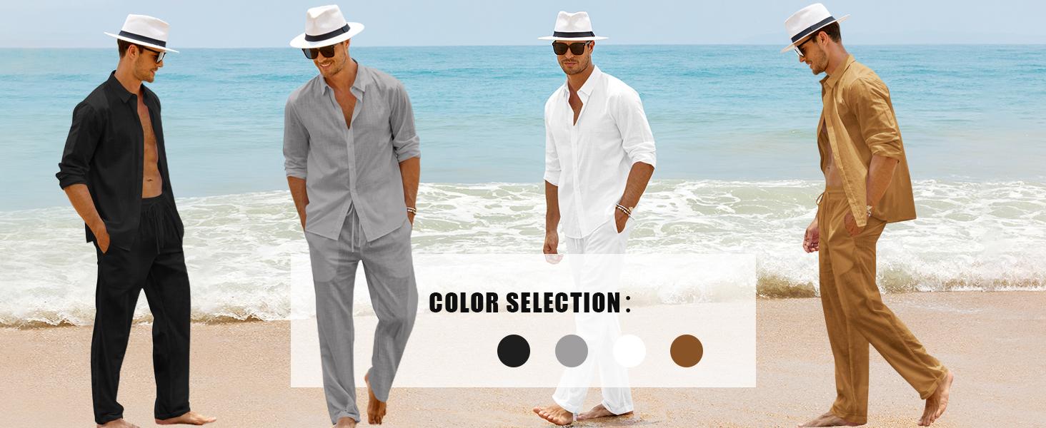 Beotyshow Men 2 Piece Linen Sets Outfits Drawstring Pants Button Down Long Sleeve Shirts Casual Beach Wedding Fashion Sets Clothing Menswear