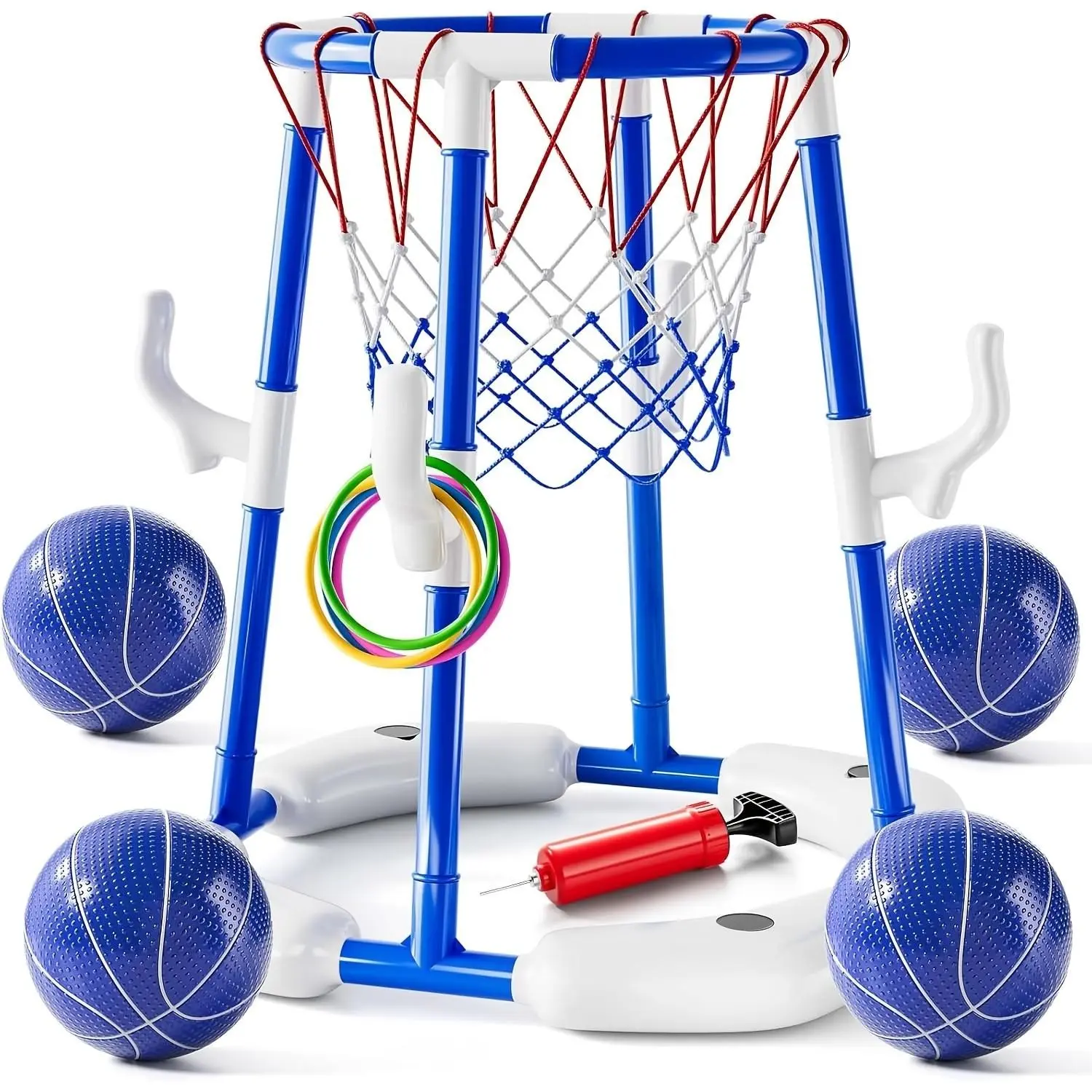 2-In-1 Pool Basketball & Ring Game Set, Summer Outdoor Swim Activity, 4 Balls, 12 Rings, Pump, Teen & Adult Fun, Backyard Party Gear