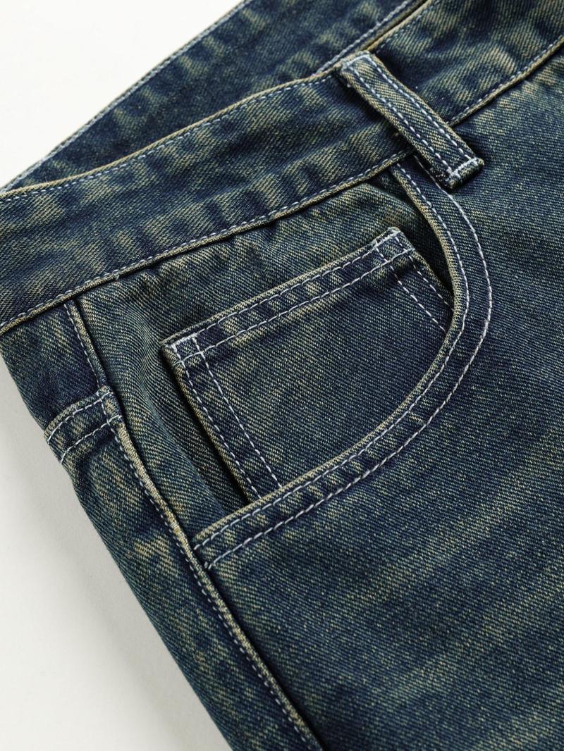 Men's vintage washed loose straight-leg jeans, casual four-season street style, zipper fly, solid color pattern, daily wear denim pants. If you prefer a looser fit, order one size larger. Men's vintage washed loose straight-leg jeans, casual four-season street style, zipper fly, solid color pattern, daily wear denim pants. If you prefer a looser fit, order one size larger.