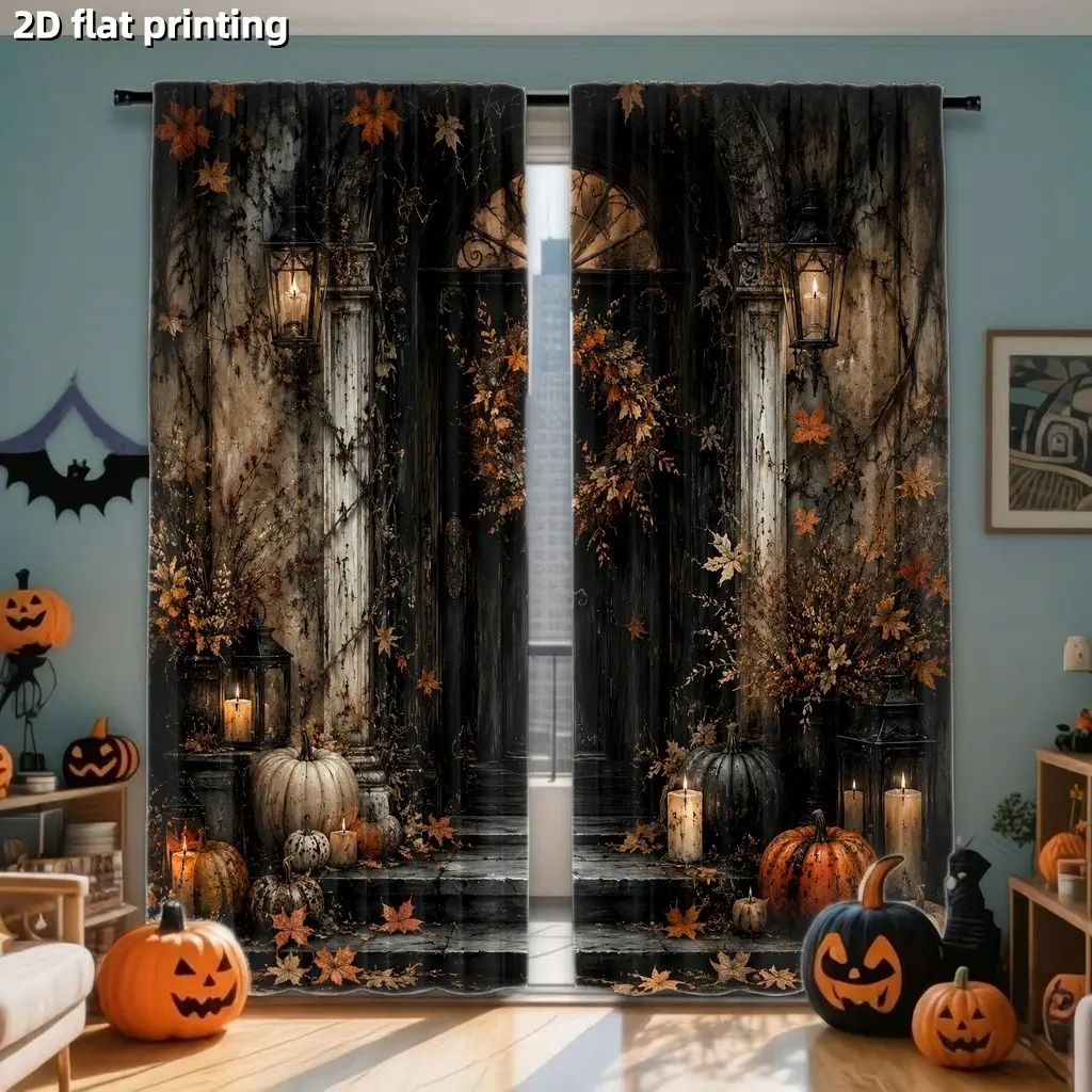 2Pcs Spooky Halloween Haunted House Scene Curtains, Gothic Arch Doorway with Lanterns and Pumpkins, Autumn Leaves, Mysterious Ambiance, Light Filtering, Privacy Protection, Home Decor for Living Room Bedroom Study Hotel Restaurant