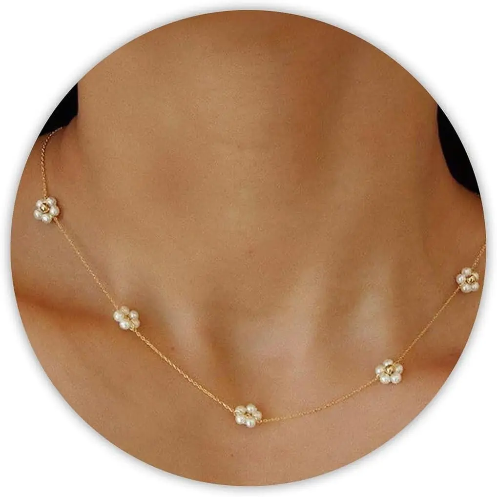 Pearl Necklaces, Daisy Pearls Choker for Women's Pearl Strand Necklaces as Silver and Gold Choker for Teens, Silver Daisy Birthday Gifts 3 Pearls White Necklace as Prom Bridesmaid gifts