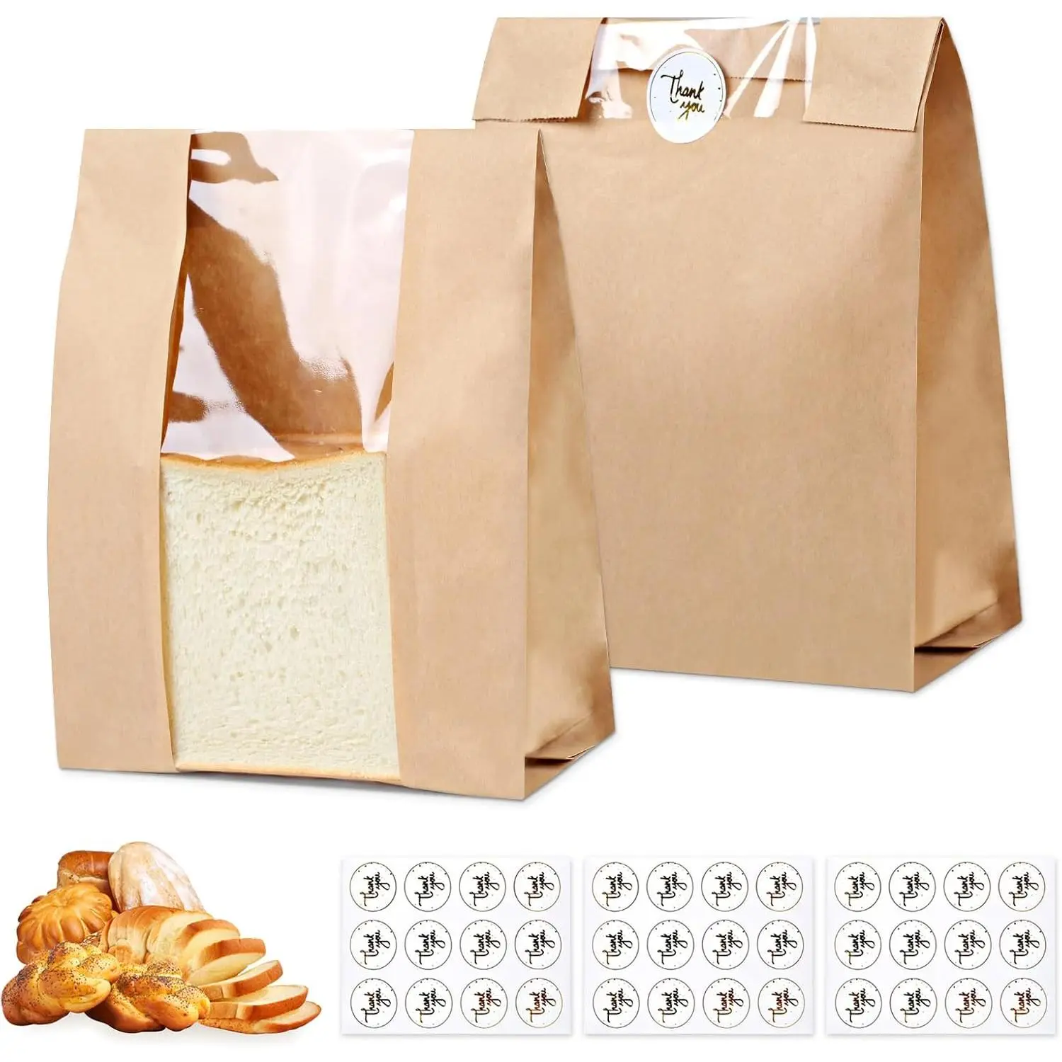 Paper Bread Bags with Window: 28 Large  Bakery Bags 13.7"x8.3"x3.3" 36 Stickers -  Brown Bread Bags for Sourdough - Artisan Loaves Gifting Keep Bread