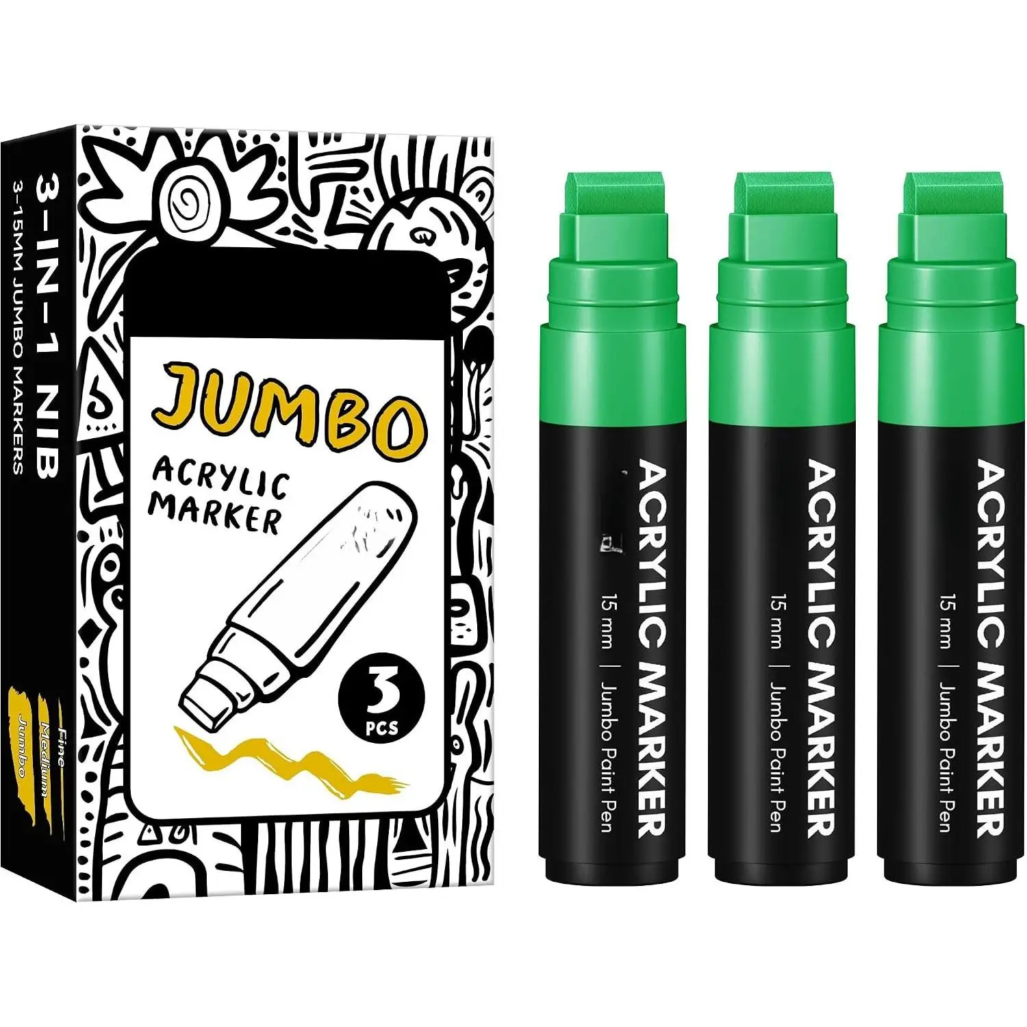 Permanent Markers, 3-Pack Green 15mm Wide Thick Tip, Multi-Surface Quick Dry Ink Smooth Flow Markers for Rock Art, Poster, Canvas (Office Stationery Writing Tool)