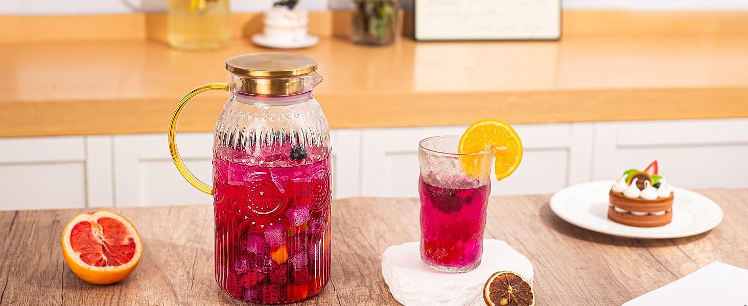 Vintage Glass Pitcher with Lid 68 oz 2 Liter Heat Resistant Carafe for Cold Brew Coffee Lemonade Iced Tea Beverage Drinkware Jugs Classic Home Serving