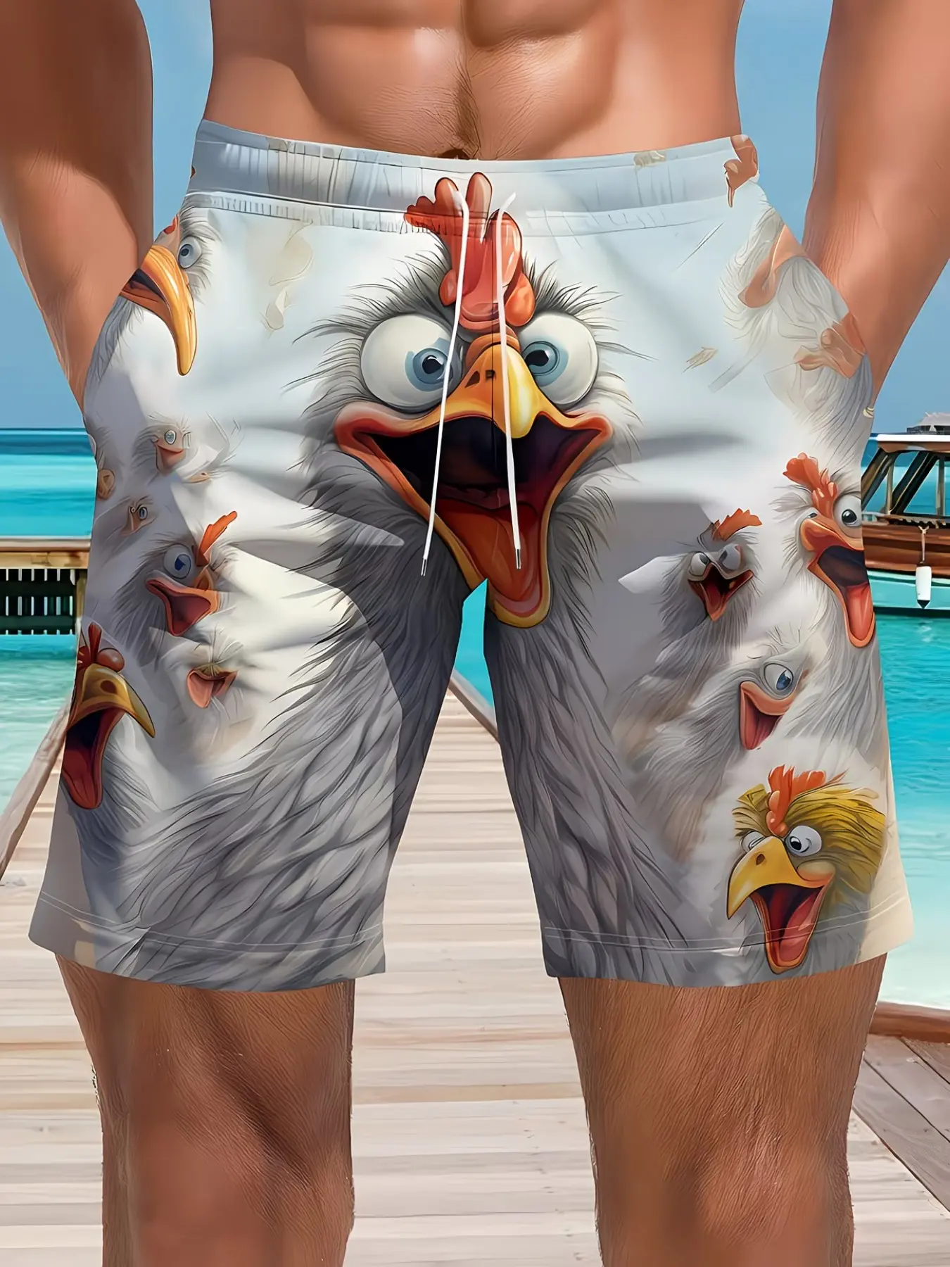 Cute Chicken Pattern Men's Casual Sports Shorts, Sporty Fitted Short Pants, All over Print, Beach Vacation Wear, Youthful Fashion