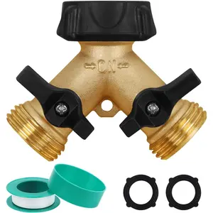 Garden Hose Splitter 2 Way, Heavy Duty Brass Connector Tap Splitter, Y Splitter 2 Valves with 2 Extra Rubber Washers