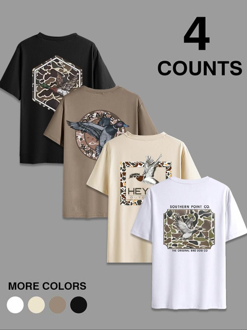 Men's Duck & Letter Print Round Neck Tee, Regular Fit Casual Short Sleeve T-shirt for Summer, Men's Top for Daily Wear, Casual Stylish Tee, Tropical