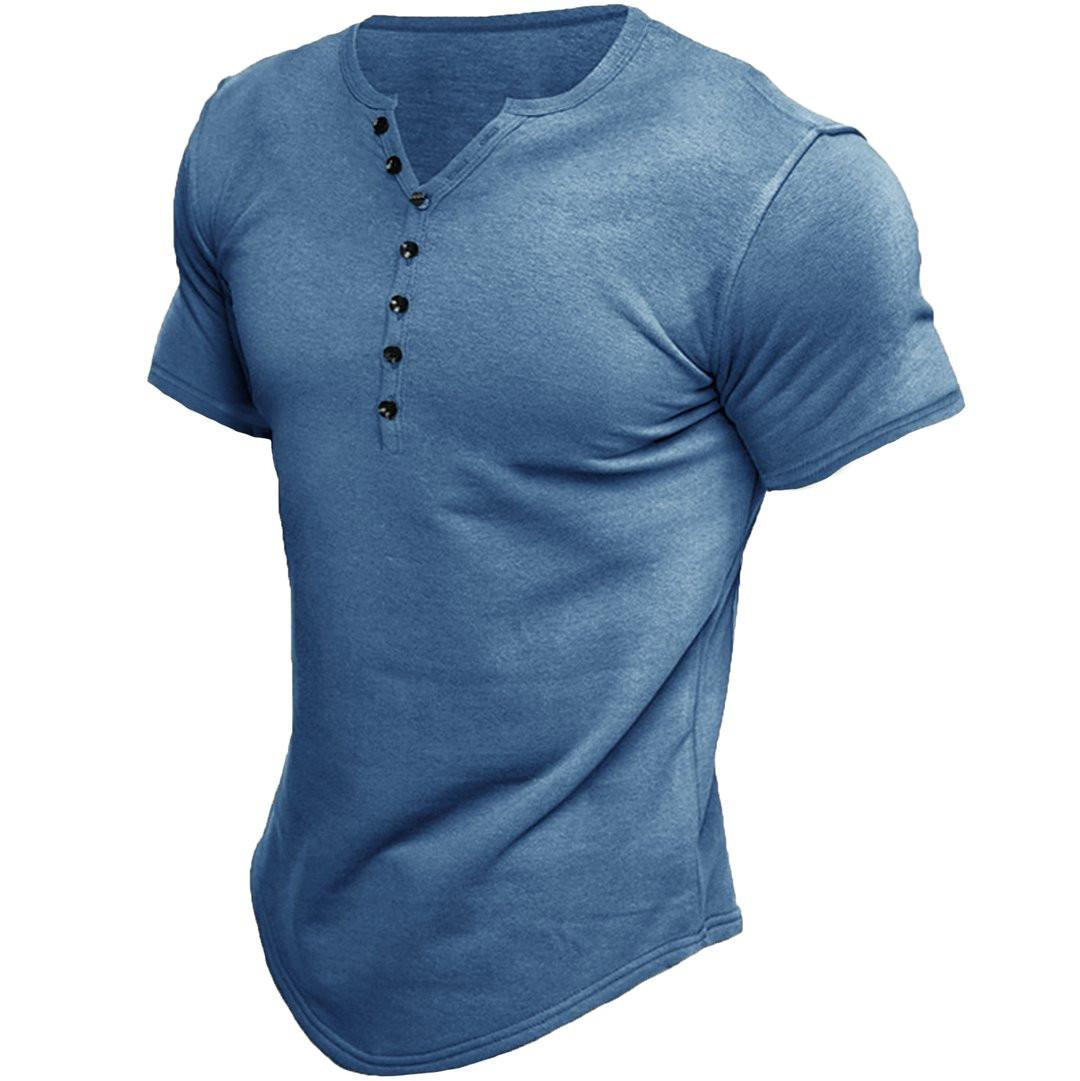 Summer Men's Henley Shirt Short Sleeve Solid Color Button T-Shirt Top