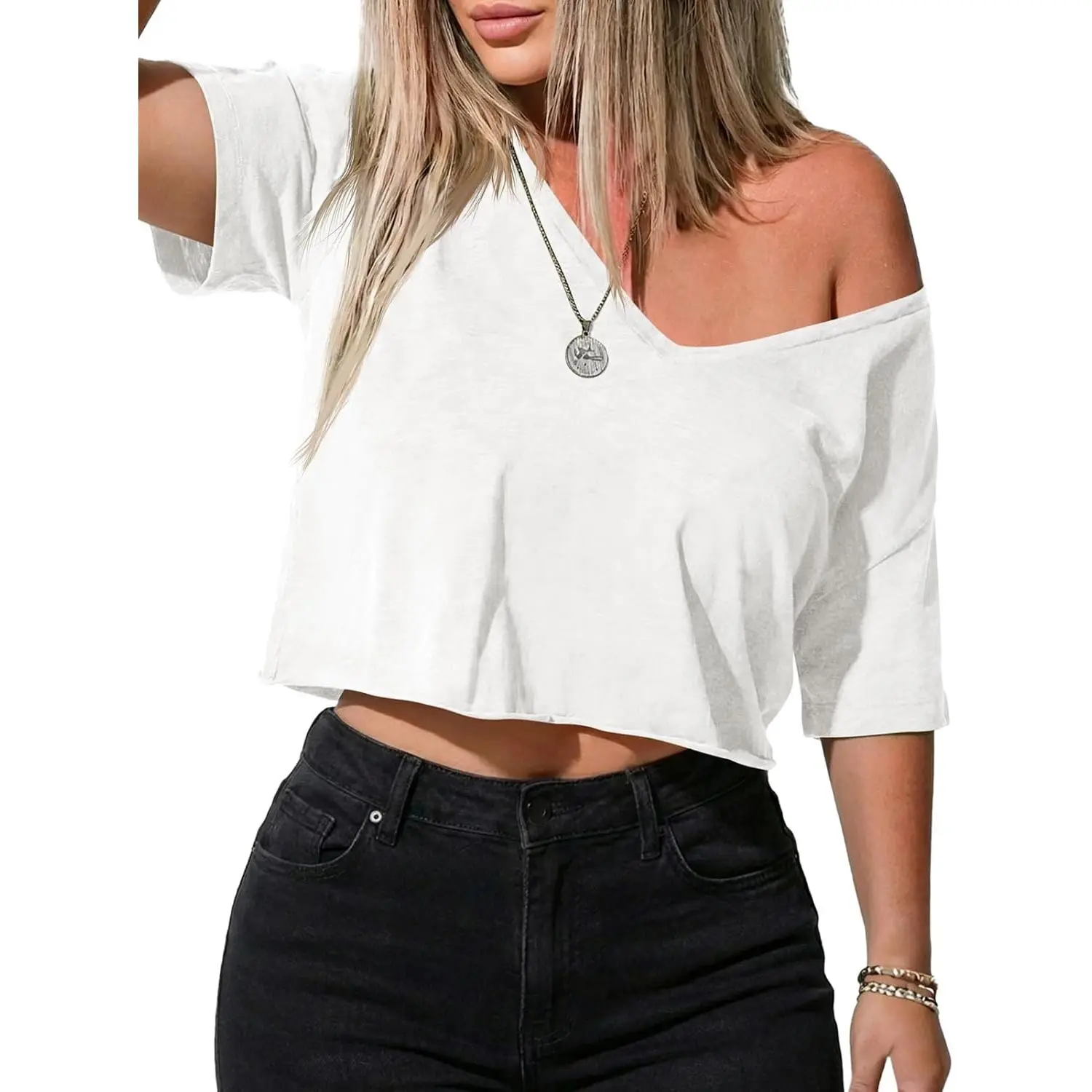 Womens Off Shoulder Crop Top Summer Casual Sexy Deep V Neck T Shirts Short Sleeve Loose Fit Basic Tees