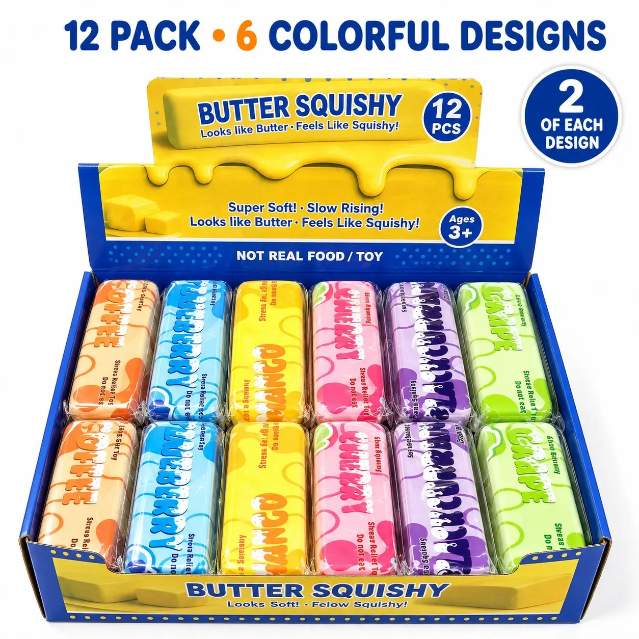 12 Pack Butter Squishy Stress Relief Toys, 4 Oz Slow Rising Soft Squeeze Toys, 6 Colorful Designs, Sensory Fidget Toys, Party Favors, Classroom Rewards & Gifts
