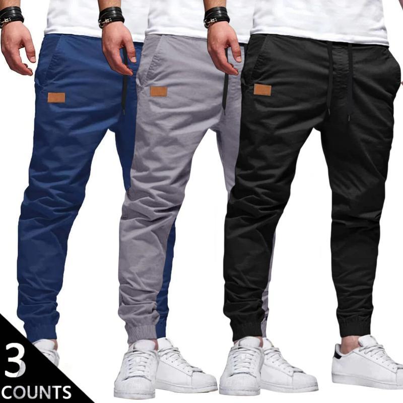 Men's 3-Pack Casual Jogger Pants - Khaki, Grey & Black Colors - Elastic Waist with Drawstring, Ribbed Cuffs, PU Patch Detail - Lightweight 100% Polyester Fabric - Perfect for Streetwear, Travel, Daily Wear - S-3XL Sizes