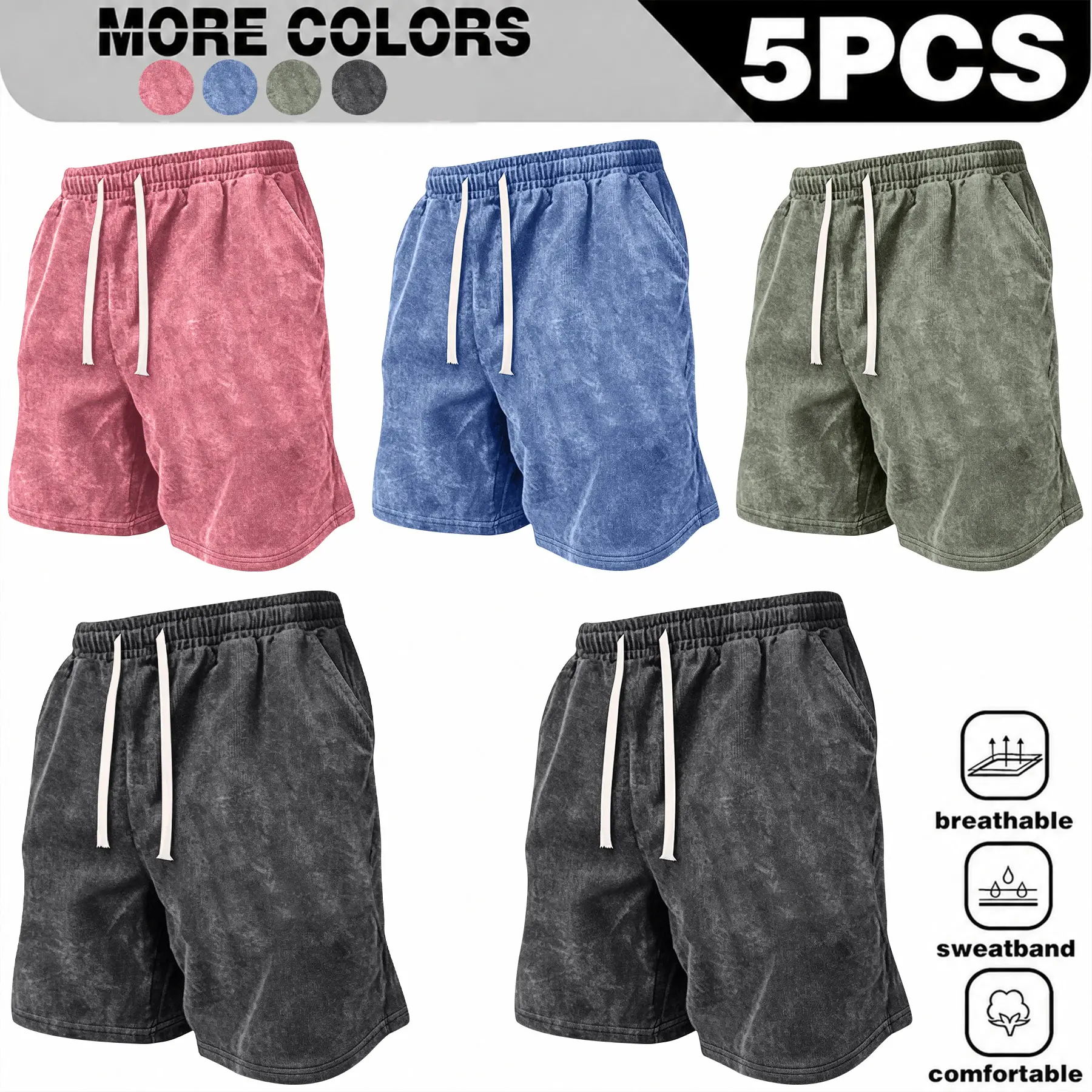 Men’s summer washed distressed cotton athletic shorts, 5-pack; casual loose fit with a drawstring waist and pockets; 2000s style; suitable for running, golf, fishing, basketball, camping, gym, swimming, and the beach.