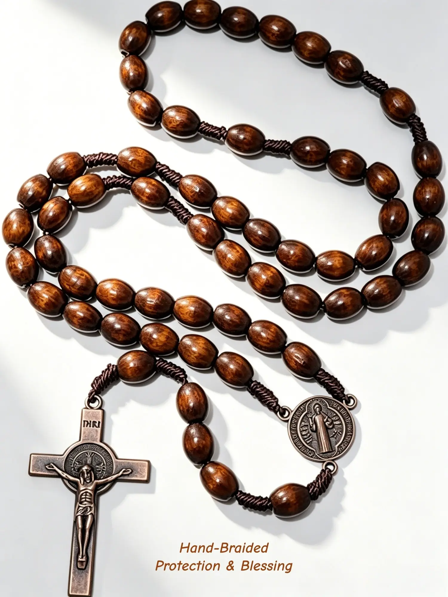 1pc Hand Braided Wooden Rosary Necklace Waterproof Non Tarnish Catholic Prayer Beads Crucifix Saint Benedict Medal Protection Blessing Spiritual Retro Religious Jewelry Birthday Gift for Men Women Boyfriend Bestie TikTok Made Me Buy It