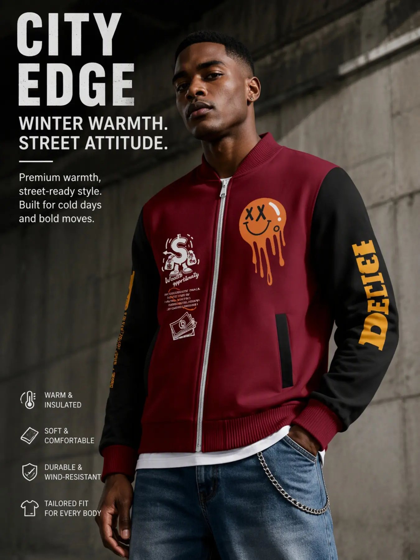 Men's Burgundy Patchwork Smiley Face Full Zip Bomber Jacket, Vintage Dollar Print Baseball Collar Windproof Jacket, High Street Fall Winter Coat