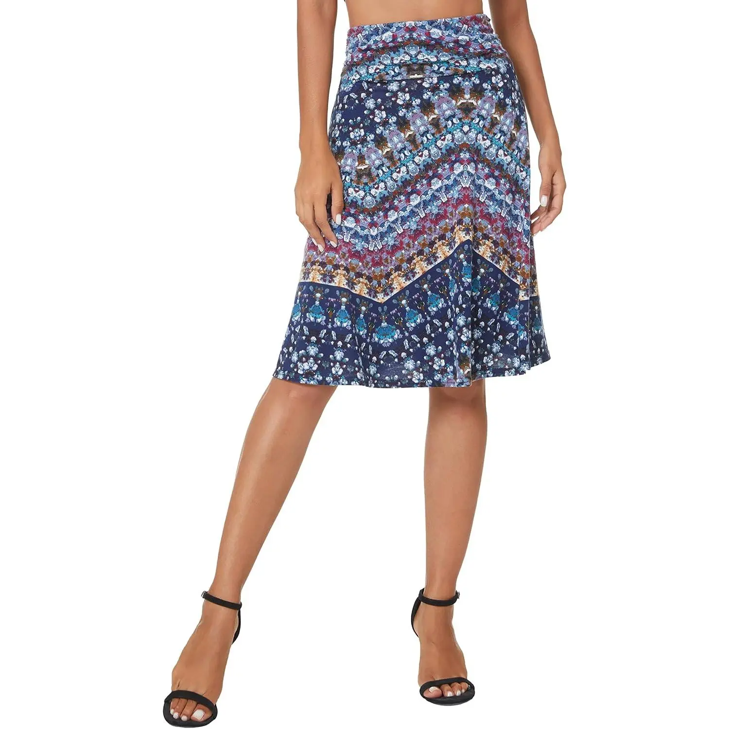Women's Ruched High Waist Knee Length Jersey A-Line Stretchy Flared Casual Skirt
