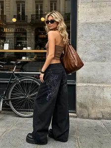 Dark Style Black Cross Rhinestone Embroidered Wide Leg Jeans, Low Waist Loose Draped Floor-Length Denim Pants, Y2K Alt Girl Casual Trousers for Women, Perfect for Streetwear, Festival, Going Out