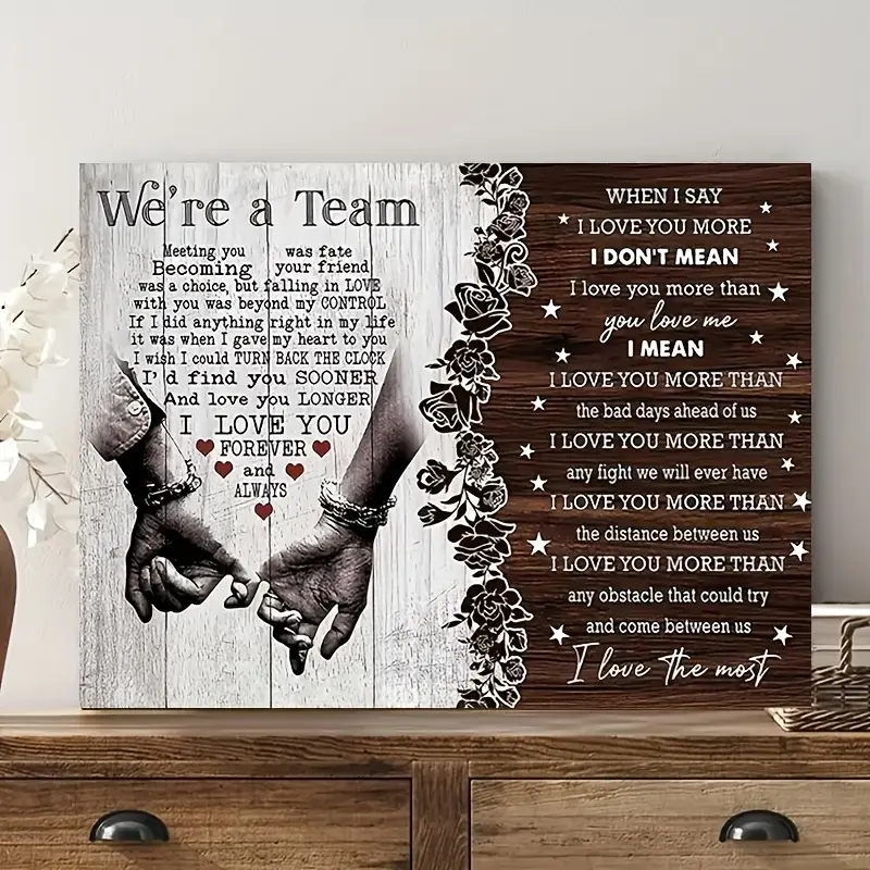 2D Flat, 2D Flat, 1pc,Wooden Framed Canvas Artwork Featuring a Couple - We Are Team - I Love You More Than Anything - Wall Art Prints with Frame Suitable for Living Room, Bedroom, Or Office - Ready to Display