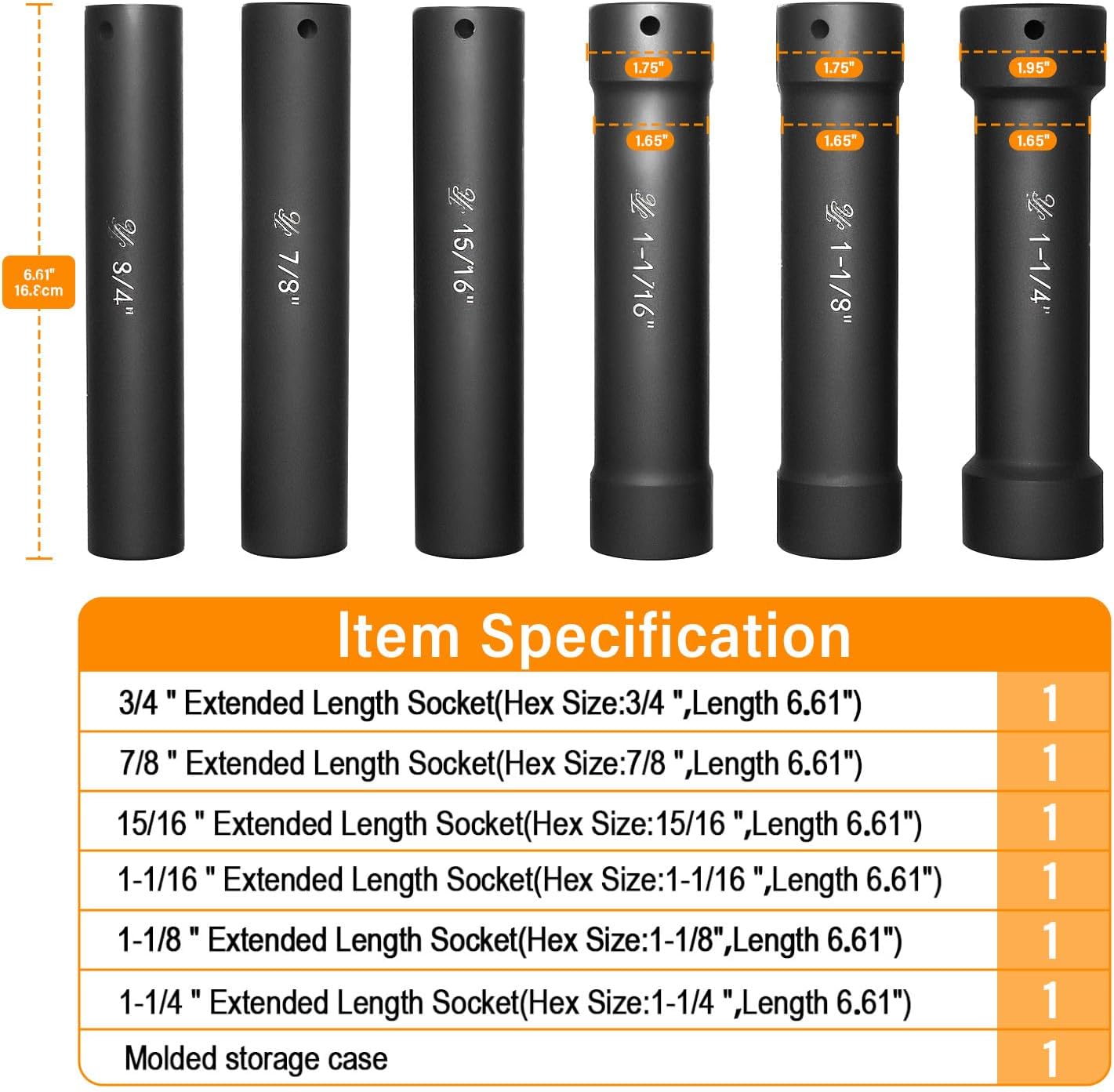 1/2 Inch Drive Extra Deep Long Socket Set, 6 count Extended Length Impact Socket Set Contains Sizes 3/4", 7/8", 15/16", 1-1/16", 1-1/8", 1-1/4", Specifically Designed for High Torque Applications