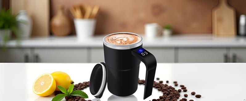 13 OZ Automatic Stirring Coffee Cup, Coffee Cup with Magnetic Capsule, with Temperature Display Function, Suitable for Coffee, Beverages, Hot Cocoa, Coffee Bar Drinkware, Reusable USB Rechargeable Cup Travel Mug Reusable Black Coffee
