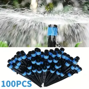 100 drip irrigation spray heads, fan-shaped design, with stakes, adjustable water flow, suitable for 1/4 inch irrigation tubing, 30-degree spray, perfect watering kit for garden, patio, lawn, and flower bed irrigation systems.