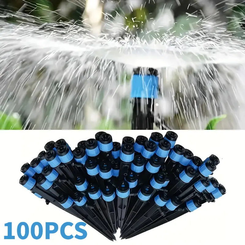 100 drip irrigation spray heads, fan-shaped design, with stakes, adjustable water flow, suitable for 1/4 inch irrigation tubing, 30-degree spray, perfect watering kit for garden, patio, lawn, and flower bed irrigation systems.