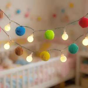 Colorful Pom Poms Fairy Lights 6.56FT – 20 LED Battery Operated String Lights with Warm White Globe Balls, Boho Aesthetic Decor for Bedroom Kids Room Playhouse Birthday Baby Shower