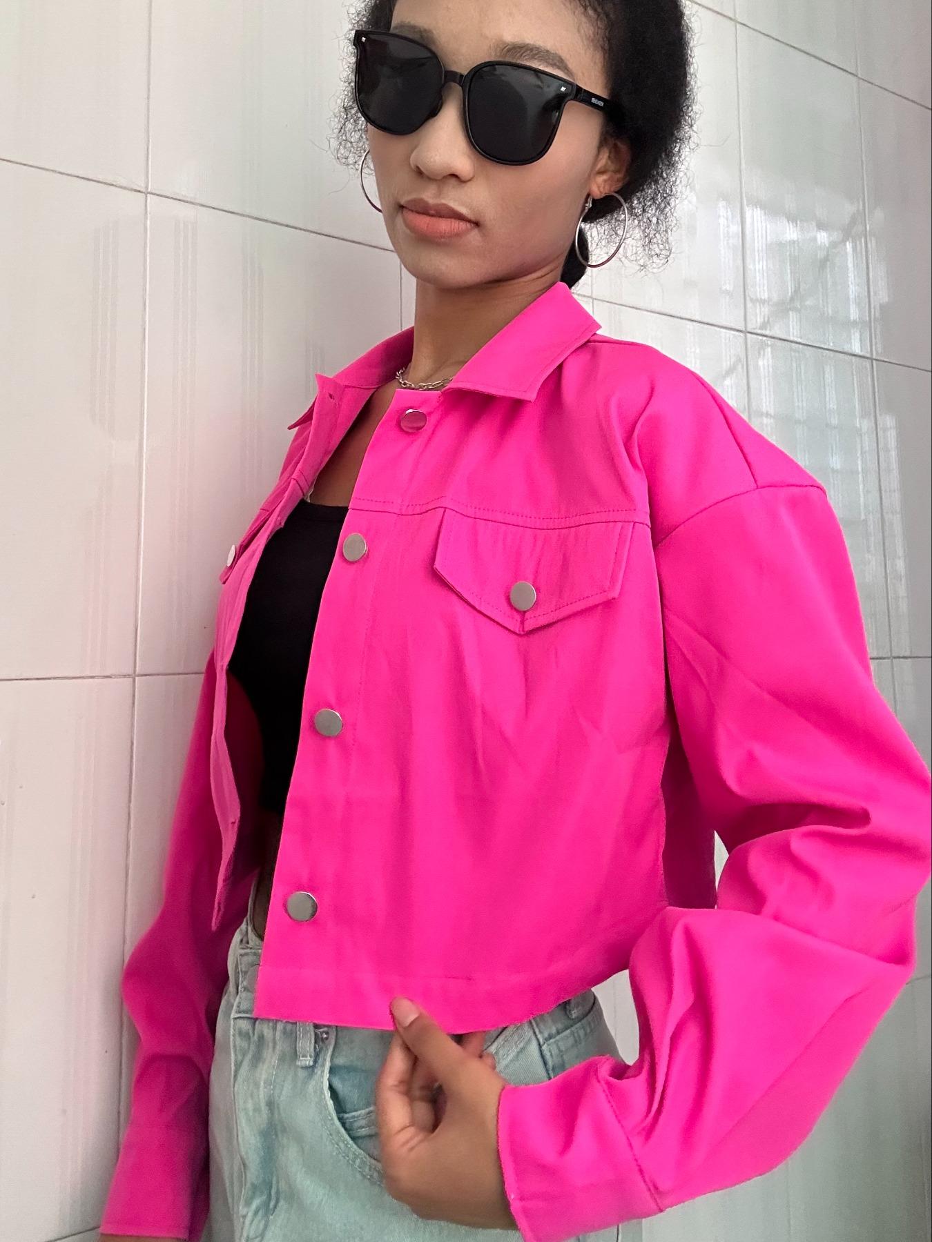 Women's Solid Button Front Drop Shoulder Crop Jacket, Casual Long Sleeve Collared Coat Outerwear for Fall & Winter, Ladies Clothes for Daily Wear