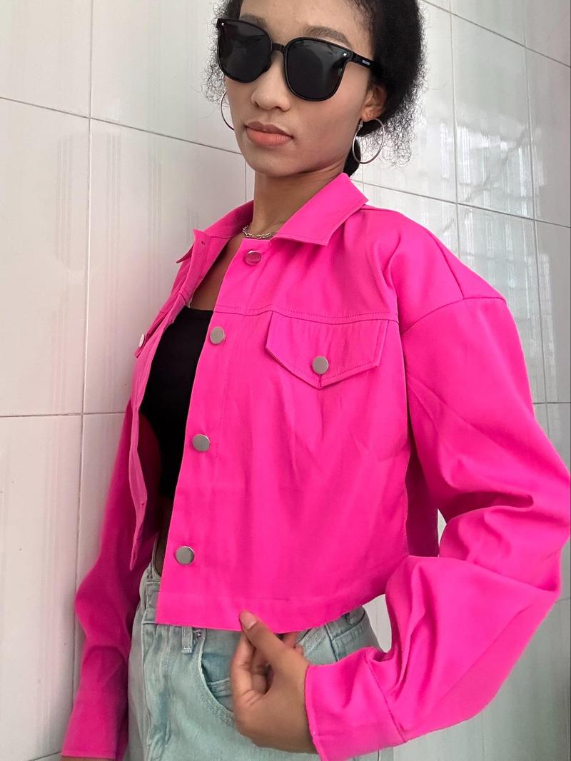 Women's Solid Button Front Drop Shoulder Crop Jacket, Casual Long Sleeve Collared Coat Outerwear for Fall & Winter, Ladies Clothes for Daily Wear