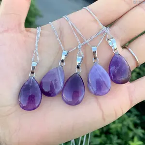 2026 New Natural Amethyst Teardrop Pendant Necklace for Women, Minimalist Purple Crystal Stone Long Sweater Chain, Dainty Everyday Jewelry Gift