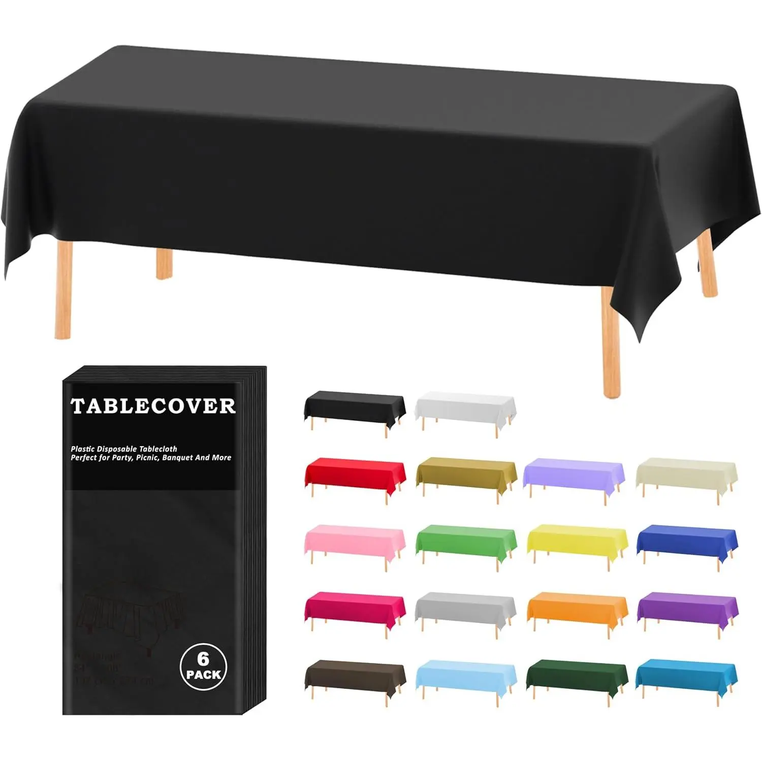 6 Pack Black Disposable Plastic Tablecloth 54"x108" Table Cover | Individually Wrapped Rectangle Table Cloth for 6FT Table, Suitable for Indoor&Outdoor, Party, Birthday, Wedding, Christmas