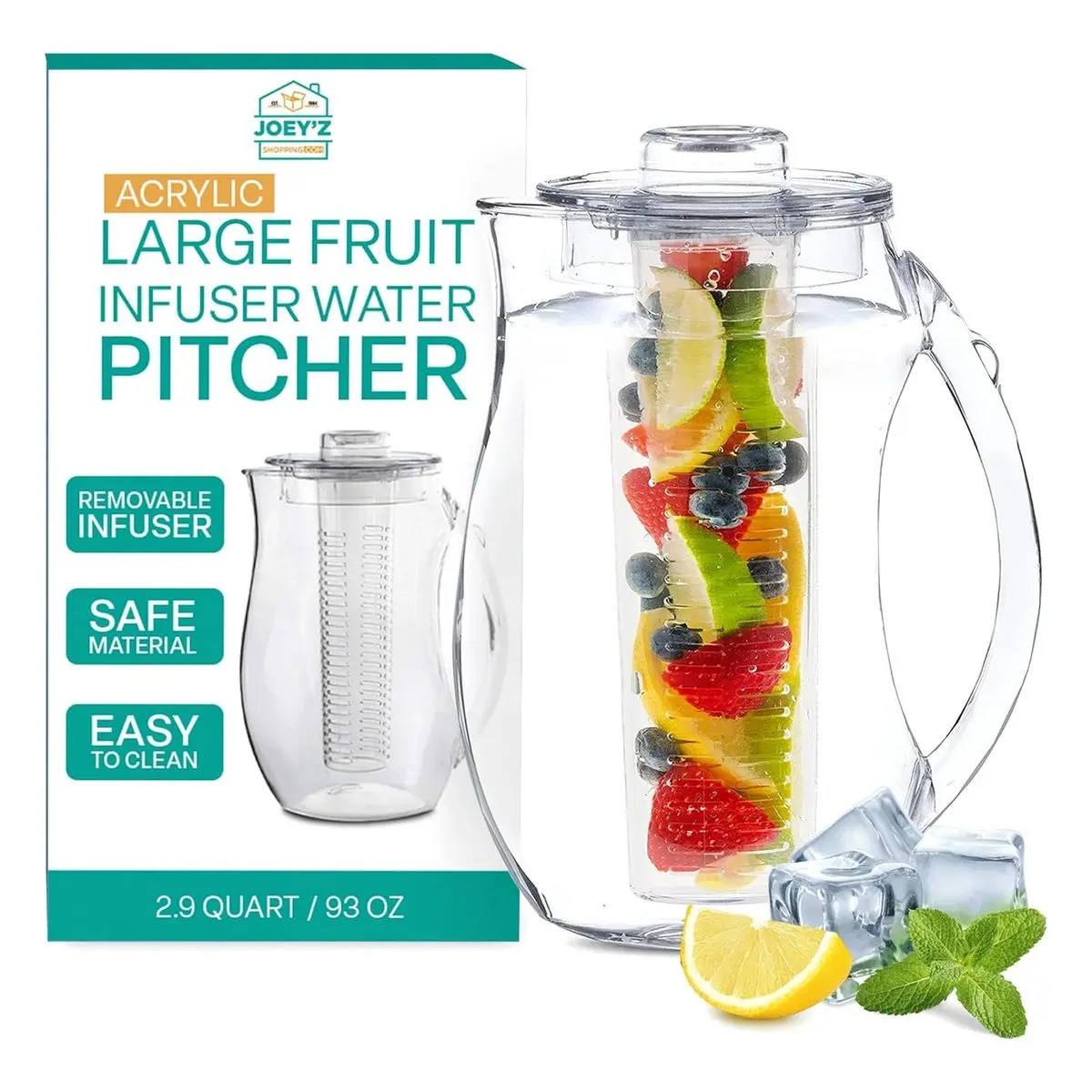 Large Fruit Infuser Water Pitcher, 2.9 Quart (93 Oz, Shatterproof Acrylic, BPA Free, Infusion Jug for Iced Tea, Juice, Lemon, Fruit and Herbs