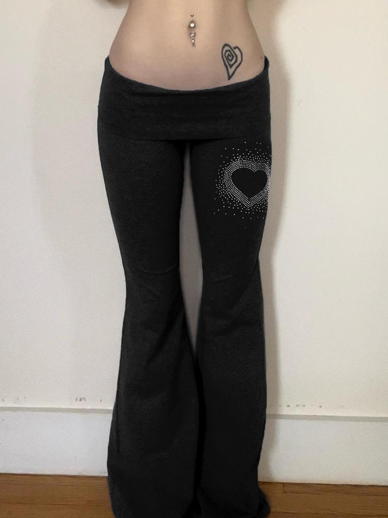 Women's Heart Shaped Rhinestones Flare Leg Pants, Fashion Casual Bell Bottom Trousers for Daily Wear, Ladies Bottoms for All Seasons Fit