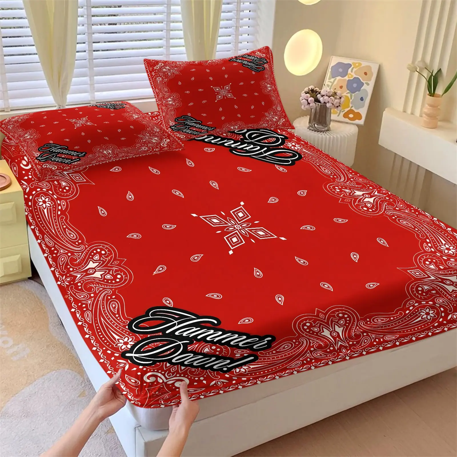 3-Piece Hammer Down Red Paisley Fitted Sheet Set-Soft Wrinkle-Resistant Bedding Set-Includes 1 Bed Sheet and 2 Coreless Pillowcases-Perfect for Bedroom and Guest Room-Enhance Comfort and Decoration