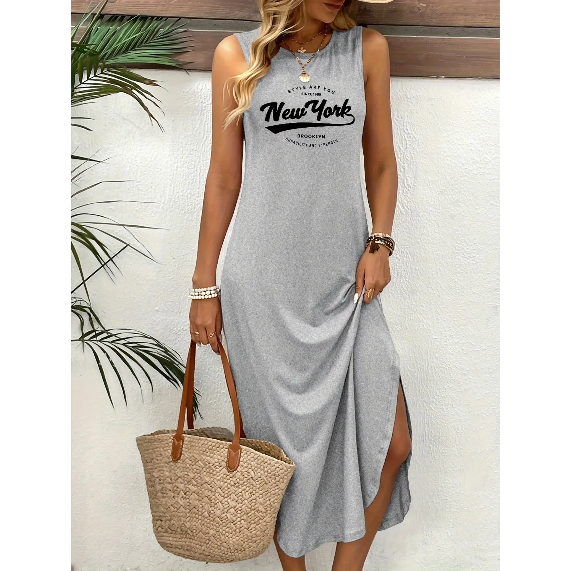 square,plain,,vacation,dresses,vacay,Women'S "New York" Graphic Tank Dress - Casual Sleeveless Summer Dress with "New York" Print, Soft Fabric, Round Neck, Perfect for Casual Attire, Casual Summer Attire| Graphic Tank Dress| Comfortable,stylish,maxi dress