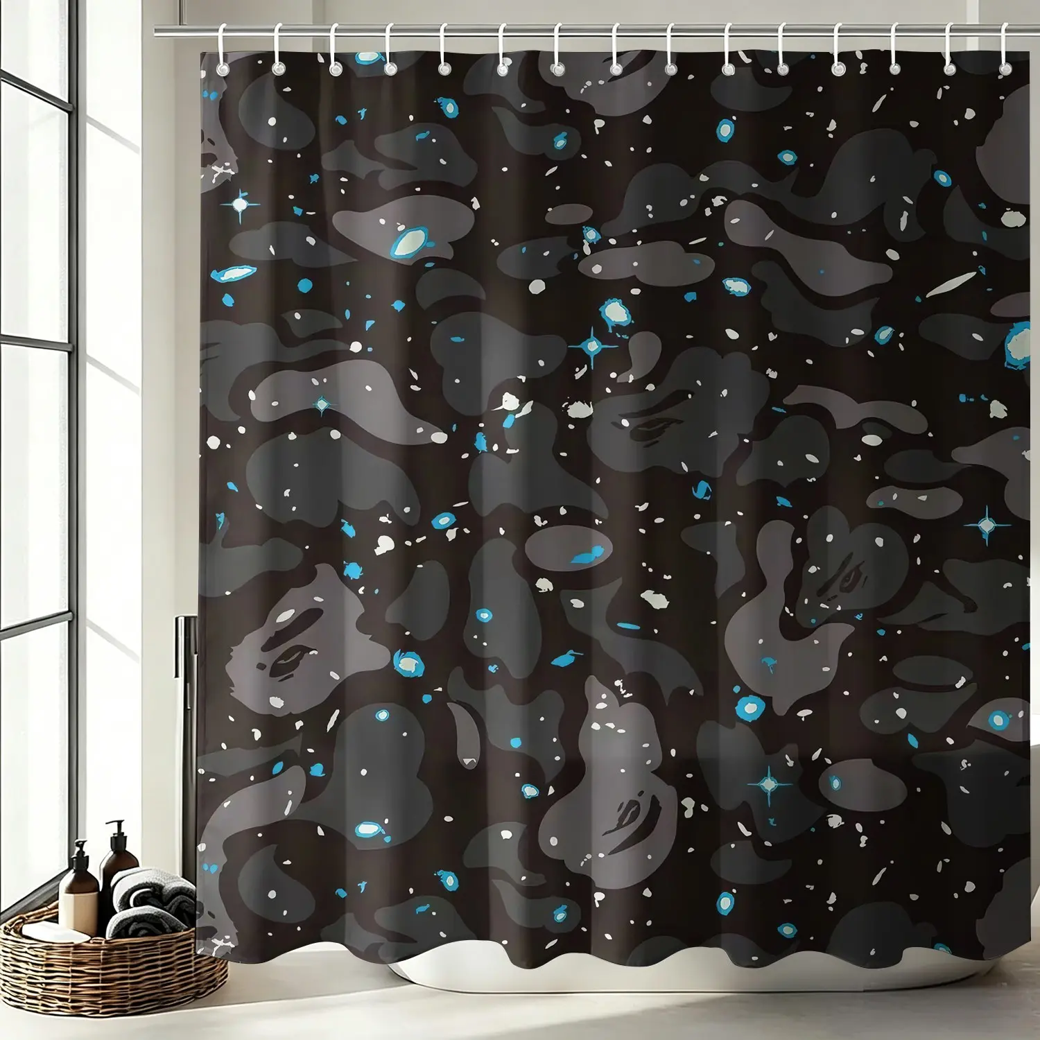 Dark Galaxy Camo Waterproof Fabric Decorative Bathroom Shower Curtains, Black Grey Sparkle Star Camo Pattern Bathing Cover, Mold Resistant Quick Dry Bathroom Accessory Decor with Rustproof Metal Grommets & Hooks for Apartment Bathtub