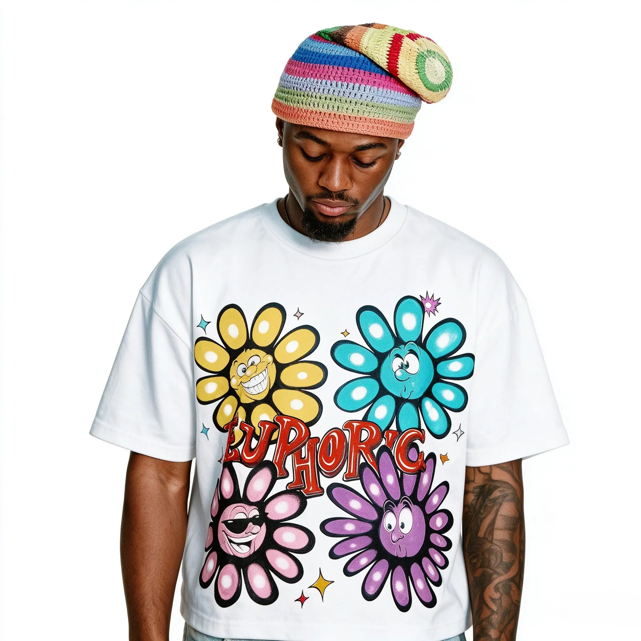 Casual Streetwear Short-Sleeve Round Neck Top, Vintage Cartoon Daisy Face Print White Crew Neck Sports Tee with Euphoric Expression