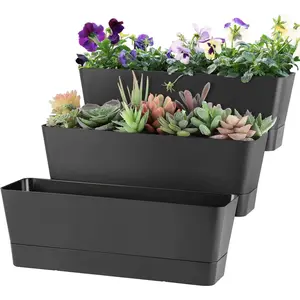 Window Box Planter with Tray, 12" Rectangle Plant Pot, Pack of 3 (Black)