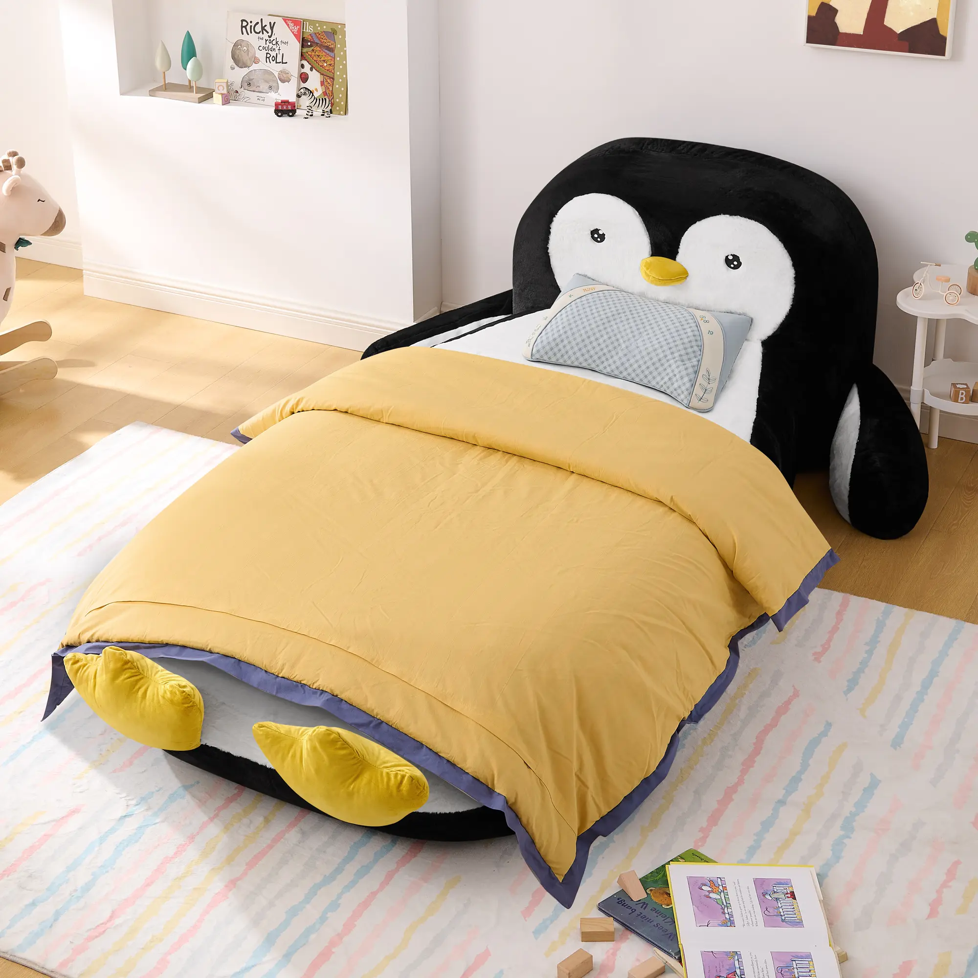 ARCH Twin Size Fluffy Faux Fur Penguin Shaped Bed Lounger Chair, 100% Sponge Filling, Soft Plush Animal Seat for Kids Bedroom Playroom, 88''x45''x29.5'', Dining Room Chairs for Kitchen, Dining Room, Living Room, Restaurant Style Seating